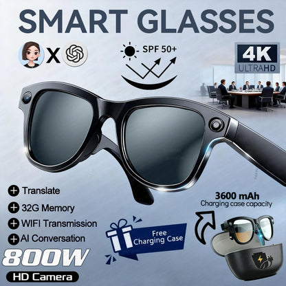 2026 Smart AI Glasses 4K 800W Camera 3600mAh Power Bank 32GB Memory 120+ Translation ChatGPT Music Photos &Video Sunglasses Men