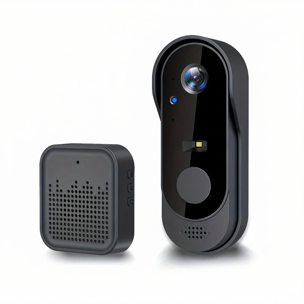 Tuya WiFi smart video doorbell and receiver on white background