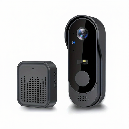 Tuya WiFi smart video doorbell and receiver on white background