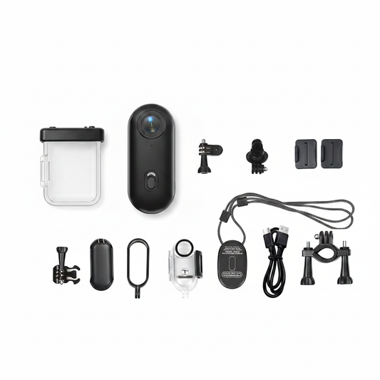 Mini 4K pocket action camera with accessories on white background