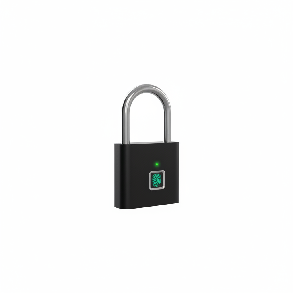 Smart fingerprint padlock with silver shackle on white background