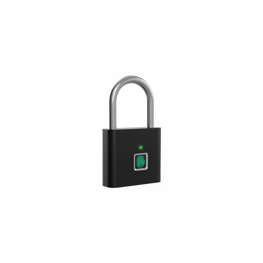 Smart fingerprint padlock with silver shackle on white background